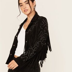 Black Fringe Jacket with Studded Design